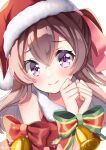  1girl bangs bell bound bound_wrists bow brown_hair delicious_party_precure hat highres long_hair nagomi_yui precure purple_eyes red_bow santa_hat smile solo two_side_up yukinko_(yukiwork) 