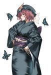  1girl absurdres blue_headwear blue_kimono bug butterfly expressionless green_eyes hand_on_hip highres japanese_clothes kimono looking_at_viewer looking_to_the_side po_(anhk5528) purple_hair saigyouji_yuyuko short_hair sketch solo touhou white_background 