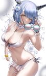  1girl absurdres azuma_(sospower73) azur_lane bikini blue_hair breasts choker cleavage cowboy_shot cross cross_necklace flower frilled_choker frills gascogne_(azur_lane) gascogne_(tropical_environs_acclimation_service_equipment)_(azur_lane) hair_flower hair_ornament highres holding holding_eyewear jewelry mechanical_ears necklace official_alternate_costume round_eyewear scrunchie short_hair swimsuit white_bikini wrist_scrunchie yellow_eyes 