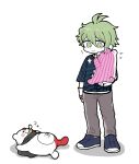  1boy amami_rantarou antenna_hair bangs black_scarf bracelet commentary_request danganronpa_(series) danganronpa_v3:_killing_harmony full_body green_eyes green_hair grey_background grey_pants grin holding holding_stuffed_toy jewelry lying monofunny monotarou_(danganronpa) notice_lines on_back pants ring scarf shimada_(dmisx) shiny shiny_hair shirt shoes short_hair simple_background smile standing striped striped_shirt stuffed_animal stuffed_toy teddy_bear teeth 