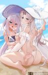  2girls absurdres ass azur_lane barefoot beach bikini breasts day hammann_(azur_lane) hammann_ii_(another_rebellious_summer)_(azur_lane) hammann_ii_(azur_lane) hat highres large_breasts long_hair long_sleeves looking_at_viewer looking_back multiple_girls official_alternate_costume outdoors see-through see-through_sleeves sitting sun_hat swimsuit thong_bikini toes wariza yorktown_(azur_lane) yorktown_ii_(azur_lane) yorktown_ii_(bright-sky_mermaid)_(azur_lane) zhanggong 