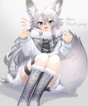  1girl :d animal_ears belt blue_eyes boots braid capelet claw_pose commentary_request commission daifukumochi_(akaaokiiwo) fang full_body fur-trimmed_capelet fur-trimmed_skirt fur_trim grey_capelet grey_footwear grey_hair highres indie_virtual_youtuber long_hair long_sleeves looking_at_viewer n_(vtuber) second-party_source side_braid skeb_commission skin_fang skirt smile tail thigh_belt thigh_strap v-shaped_eyebrows virtual_youtuber wolf_ears wolf_girl wolf_tail 