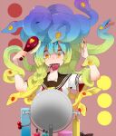  1girl akanesanzou brushing_hair eyelashes forked_tongue hair_brush mirror monster_girl multicolored_hair open_mouth original red_eyes school_uniform serafuku snake snake_hair solo sweatdrop tongue tongue_out yellow_eyes 