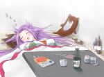  1girl bokukawauso bottle breasts closed_eyes glass jun&#039;you_(kancolle) kantai_collection kitagawa_mikio kotatsu large_breasts long_hair lying one-hour_drawing_challenge open_mouth purple_hair sake_bottle sleeping solo spiked_hair stuffed_otter table zzz 