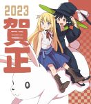  2023 2girls aki_poi animal arm_up black_footwear black_hair black_headwear black_robe blonde_hair blue_eyes blue_skirt boots brown_footwear checkered_background collared_shirt commentary_request grin hand_on_headwear hat long_sleeves multiple_girls nengajou new_year original oversized_animal pleated_skirt red_eyes robe shirt shoe_soles shoes sitting sitting_on_animal skirt sleeveless sleeveless_shirt smile white_shirt wide_sleeves witch_hat 