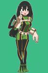  1girl :&gt; absurdres asui_tsuyu bangs black_eyes bodysuit boku_no_hero_academia breasts commission english_commentary frog_girl full_body green_hair hair_rings highres jeff_miga long_hair long_tongue looking_at_viewer low-tied_long_hair medium_breasts solo standing superhero tongue tongue_out 