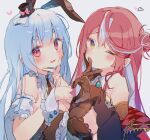  2girls animal_ears bangs bare_shoulders black_gloves blue_hair blunt_bangs blush bow bowtie breast_press breasts cleavage crossed_bangs detached_sleeves finger_to_mouth finger_to_own_chin frills gloves hair_bun hat heart heart_hands heart_hands_failure highres hololive houshou_marine jacket long_hair looking_at_viewer medium_breasts mini_hat mini_top_hat multicolored_hair multiple_girls o_(jshn3457) official_alternate_costume one_eye_closed open_clothes open_jacket open_mouth pink_bow pink_bowtie puffy_short_sleeves puffy_sleeves rabbit_ears rabbit_girl red_eyes short_sleeves sideboob simple_background single_hair_bun single_side_bun straight_hair streaked_hair symmetrical_docking thumbs_up top_hat traditional_bowtie two-tone_hair unzipped usada_pekora v virtual_youtuber white_background white_hair wrist_cuffs yellow_eyes 