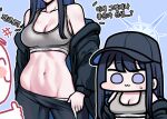  1girl 1other :3 bangs bare_shoulders blue_archive blue_hair blush_stickers bra breasts calvin_klein chibi cleavage grey_bra groin halo hat jacket jazz_jack korean_text long_hair multicolored_hair navel off_shoulder purple_eyes saori_(blue_archive) smile thumbs_up translation_request two-tone_hair underwear 
