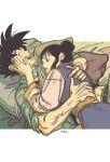  1boy 1girl bangs black_eyes black_hair chi-chi_(dragon_ball) chinese_clothes closed_eyes commentary_request dragon_ball dragon_ball_z fecaa hair_bun hand_on_another&#039;s_cheek hand_on_another&#039;s_face hetero highres husband_and_wife lying on_back open_mouth pillow sidelocks single_hair_bun smile son_goku twitter_username 