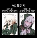  2boys :o @_@ ahoge artist_name badge bangs blush boleum_(dgrpluna) breast_pocket brown_eyes brown_hair collarbone crazy_eyes danganronpa_(series) danganronpa_2:_goodbye_despair green_jacket green_necktie grey_hair hair_between_eyes highres hinata_hajime hood hood_up hooded_jacket jacket komaeda_nagito long_sleeves multicolored_hair multiple_boys multiple_views necktie official_art_inset open_mouth pocket print_shirt shirt speech_bubble sweat teeth translation_request two-tone_hair upper_teeth_only white_shirt 