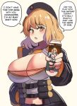  1girl anis_(nikke) blonde_hair breasts cleavage english_text goddess_of_victory:_nikke hat highres hinghoi holding large_breasts light_blush looking_at_viewer medium_hair meme open_mouth orange_eyes seggs_(meme) solo speech_bubble upper_body 