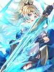  1girl absurdres alternate_hairstyle aqua_hair black_gloves blonde_hair blue_eyes clear_glass_(mildmild1311) fire_emblem fire_emblem_heroes fjorm_(fire_emblem) gloves highres holding holding_sword holding_weapon long_hair looking_at_viewer open_mouth ponytail reverse_grip solo sword v-shaped_eyebrows weapon 