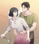  1boy 1girl bandaged_arm bandages bangs black_hair black_pants bob_cut breasts brown_hair collared_shirt cookie cowboy_shot eren_yeager food green_eyes green_shirt grey_eyes hair_between_eyes hands_on_another&#039;s_waist highres holding holding_ladle indoors ladle large_breasts long_skirt long_sleeves looking_at_another looking_back mikasa_ackerman pants parted_bangs parted_lips pink_skirt pleated_skirt rakji scar scar_on_cheek scar_on_face shingeki_no_kyojin shirt short_hair short_sleeves skirt sleeves_rolled_up toned toned_male white_shirt 