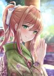  absurdres blush bow brown_hair closed_mouth commentary_request day doki_doki_literature_club green_eyes hair_bow hair_intakes highres japanese_clothes kimono lens_flare light_particles long_hair looking_at_viewer mi_tarou0412 mixed-language_commentary monika_(doki_doki_literature_club) outdoors own_hands_together pixiv_id ponytail praying ribbon shrine twitter_username upper_body white_ribbon 