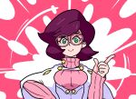  1girl big_hair breasts capelet chamomeil coat glasses green_eyes hand_on_hip highres index_finger_raised long_sleeves pink-framed_eyewear pink_background pink_sweater pokemon pokemon_(game) pokemon_sm purple_hair ribbed_sweater sweater turtleneck turtleneck_sweater white_capelet white_coat wicke_(pokemon) 