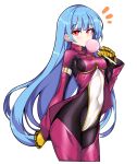  1girl absurdres bangs belt blue_hair bodysuit breasts candy cowboy_shot food godgamesc2 highres kula_diamond lollipop long_hair looking_at_viewer purple_eyes simple_background small_breasts surprised the_king_of_fighters white_background zipper 