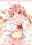  1girl :d animal_ears bangs blurry blurry_background blush bow brown_shirt chinese_zodiac commentary_request depth_of_field envelope hair_between_eyes hair_bow happy_new_year highres holding holding_envelope jacket long_hair long_sleeves nanase_miori nengajou new_year open_clothes open_jacket original pink_bow pink_sailor_collar pleated_skirt rabbit_ears red_bow red_eyes red_hair red_skirt sailor_collar school_uniform serafuku shirt signature skirt sleeves_past_wrists smile solo twintails very_long_hair white_jacket year_of_the_rabbit 