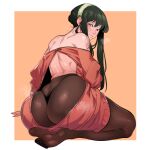  1girl ass ass_focus backless_outfit bangs bare_shoulders black_hair blush breasts dress feet from_behind hairband huge_ass kukumomo large_breasts long_hair long_sleeves looking_at_viewer looking_back mature_female no_bra no_shoes off-shoulder_sweater off_shoulder paid_reward_available panties panties_over_pantyhose pantyhose red_eyes red_sweater sidelocks skindentation smile soles solo spy_x_family sweater sweater_dress textless_version thick_thighs thighs thong toes underwear yor_briar 