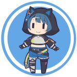  1girl aizawa_kazuha animal_ears animal_hood assault_lily asymmetrical_legwear bangs belt black_belt black_footwear black_gloves black_pantyhose blue_background blue_hair blue_shorts blush cat_ears cat_hood chibi circle closed_mouth commentary crop_top cutoffs fake_animal_ears fingerless_gloves full_body gloves green_belt grey_shirt grey_thighhighs hood hood_up knee_pads long_sleeves looking_at_viewer lowres masaki_itsuki midriff mismatched_legwear multiple_belts official_alternate_costume open_belt outstretched_arms pantyhose pantyhose_under_shorts round_image shirt shoes short_hair shorts shrug_(clothing) single_knee_pad single_leg_pantyhose single_thighhigh smile snap-fit_buckle solo standing thigh_strap thighhighs transparent_background |_| 