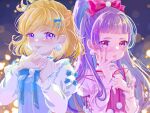  2girls asahina_mirai blue_choker blush choker commentary earrings hair_ornament hairclip half_updo highres izayoi_liko jewelry juliet_sleeves lilylily0601 long_hair long_sleeves mahou_girls_precure! multiple_girls pink_eyes pink_hair pom_pom_(clothes) pom_pom_earrings precure puffy_sleeves purple_eyes purple_hair short_bangs short_hair tongue tongue_out 