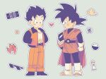  2boys black_hair boots bowl carrot commentary_request cosplay costume_switch dragon_ball dragon_ball_(object) dragon_ball_z father_and_son flying_nimbus gloves great_saiyaman great_saiyaman_(cosplay) hands_in_pockets heart helmet highres holding holding_helmet hourglass jacket male_focus multiple_boys naraku_(zg8w5) rice_bowl son_gohan son_goku son_goku_(cosplay) sunglasses white_footwear white_gloves 