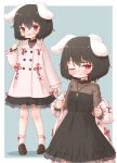  1girl :d ;) adapted_costume alternate_costume animal_ears arinu black_hair blush carrot_necklace dress highres inaba_tewi jewelry looking_at_viewer multiple_views necklace one_eye_closed petite pigeon-toed rabbit_ears red_eyes ribbon_trim see-through shoes short_hair simple_background smile socks touhou 