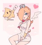  1girl alternate_costume arrow_(projectile) artist_name blonde_hair blue_eyes blush bracelet choker cloud cremanata crown cupid detached_wings dress earrings envelope eyelashes gold_choker hair_over_one_eye heart highres holding holding_arrow holding_envelope jewelry long_hair luma_(mario) mailbag mario_(series) rosalina single_wing sleeveless sleeveless_dress smile star_(symbol) star_earrings super_mario_galaxy white_dress wings 