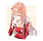 absurdres bangs blunt_ends breasts character_name darling_in_the_franxx gloves green_eyes hair_between_eyes hairband half-closed_eyes hand_to_own_mouth highres hinamori_(m_nmy01) horns jacket long_hair long_sleeves medium_breasts oni_horns pink_hair red_horns red_jacket uniform upper_body white_gloves white_hairband zero_two_(darling_in_the_franxx) 