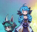  2girls ahoge bangs black_bow black_dress black_gloves black_hood bow breasts collarbone dress drill_hair frilled_dress frills gloves gradient gradient_background green_background green_hair grey_dress gwen_(league_of_legends) hair_bow heterochromia hood hood_up hoodie league_of_legends long_hair multiple_girls parted_lips phantom_ix_row pink_eyes pointy_ears shiny shiny_hair small_breasts teeth twin_drills twintails vex_(league_of_legends) yellow_background yordle 