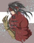 1boy artist_name black_hair brown_background clawed_gauntlets cloak closed_mouth cropped_torso dated final_fantasy final_fantasy_vii hair_between_eyes hand_up headband high_collar highres long_hair looking_to_the_side male_focus red_cloak red_eyes red_headband solo takehide torn_clothes two-tone_background upper_body vincent_valentine white_background 