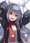  1girl :d arms_up black_jacket fu_hua fu_hua_(herrscher_of_sentience) grey_hair grey_shirt hair_ornament highres holding_snowball hollyyn honkai_(series) honkai_impact_3rd jacket looking_at_viewer open_clothes open_jacket open_mouth red_eyes red_scarf scarf shirt smile snow snowball solo teeth upper_body upper_teeth_only yellow_pupils 