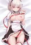  1girl apron ass_visible_through_thighs azur_lane bangs bed_sheet black_dress black_hairband blush breasts breasts_out choker classic_(zildjian33) closed_mouth clothes_lift commentary_request cowboy_shot dress dress_lift flower_knot frilled_apron frilled_choker frills grey_hair groin hair_between_eyes hairband highres large_breasts long_hair looking_at_viewer maid maid_headdress nipples no_panties puffy_short_sleeves puffy_sleeves red_eyes red_ribbon ribbon short_hair short_sleeves sidelocks single_thighhigh sirius_(azur_lane) skindentation solo thighhighs thighs white_apron white_thighhighs 