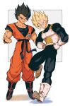  2boys absurdres armor biceps black_bodysuit black_eyes black_footwear black_hair black_wristband blonde_hair blue_sash blue_shirt bodysuit boots clenched_hands collarbone cosplay dougi dragon_ball dragon_ball_z earrings full_body gloves gogeta green_eyes grey_background hands_on_hips hands_up highres jewelry male_focus multiple_boys muscular muscular_male parted_lips pectorals potara_earrings relio_db318 saiyan_armor sash shadow shirt short_sleeves simple_background smile smirk son_goku son_goku_(cosplay) standing super_saiyan super_saiyan_1 two-tone_background v-shaped_eyebrows vegeta vegeta_(cosplay) vegetto white_background white_footwear white_gloves wristband 