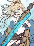  1girl absurdres aqua_hair black_gloves blonde_hair blue_eyes clear_glass_(mildmild1311) fire_emblem fire_emblem_heroes fjorm_(fire_emblem) gloves highres holding holding_sword holding_weapon long_hair looking_at_viewer open_mouth ponytail reverse_grip solo sword v-shaped_eyebrows weapon 