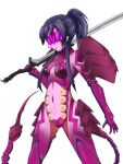  1girl armor arthropod_girl arthropod_limbs bikini_armor bulge covered_eyes covered_nipples cyborg erection evil_smile exoskeleton holding holding_sword holding_weapon monster_girl original scorpion_girl scorpion_tail smile sword tail visor_cap weapon woodcity 