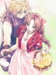  1boy 1girl aerith_gainsborough armor bangle bangs basket blonde_hair blue_eyes blue_shirt blush bracelet braid braided_ponytail breasts brown_gloves brown_hair buster_sword choker cloud_strife cowboy_shot cropped_jacket dress final_fantasy final_fantasy_vii final_fantasy_vii_remake flower_basket flower_choker gloves green_eyes hair_between_eyes hair_ribbon highres holding holding_basket holding_hands jacket jewelry long_dress long_hair materia neveromance open_mouth outdoors parted_bangs parted_lips pink_dress pink_ribbon red_jacket ribbon shirt short_hair short_sleeves shoulder_armor sidelocks single_bare_shoulder sketch sleeveless sleeveless_turtleneck smile spiked_hair suspenders turtleneck weapon weapon_on_back 