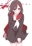 1girl bangs black_sailor_collar black_serafuku black_skirt blush brown_eyes brown_hair closed_mouth commentary dotted_line enpera hair_between_eyes hair_ornament hairclip hand_on_own_thigh hand_to_own_mouth kagerou_project long_hair long_sleeves looking_at_viewer mekakucity_actors neckerchief pleated_skirt red_ribbon red_scarf ribbon sailor_collar scarf school_uniform serafuku simple_background skirt smile solo tateyama_ayano white_background white_neckerchief woodegi 