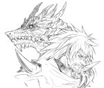  1boy bangs beard cloak commentary dragon facial_hair fate/extra fate/grand_order fate_(series) greyscale heki0529 long_hair looking_ahead male_focus mature_male monochrome profile shoulder_spikes simple_background solo spiked_hair spikes upper_body vlad_iii_(fate/extra) white_background 