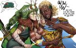  1boy 1girl absurdres anger_vein angry apollo_(hades) arm_wrap armor arrow_(projectile) artemis_(hades) bear blonde_hair bow_(weapon) braid brother_and_sister cape dark-skinned_male dark_skin english_commentary english_text facial_mark fur_trim grabbing_another&#039;s_hair grace_kim_(ryuuna) green_eyes green_hair hades_(series) hades_1 hades_2 highres laurel_crown quiver siblings single_braid weapon yellow_eyes 