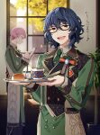  2boys :d aoba_tsumugi black-framed_eyewear black_pants blue_hair bread bread_bun brown_shirt clipboard coat collared_shirt cowboy_shot cup ensemble_stars! falling_leaves feet_out_of_frame food ginkgo_leaf glasses green_coat green_eyes green_necktie hair_between_eyes highres holding holding_clipboard holding_pen holding_tray indoors itsuki_shu kaminokefusa lapel_pin lapels leaf light_blush looking_at_viewer male_focus multicolored_hair multiple_boys necktie notched_lapels official_alternate_costume pants pen pink_hair plant profile purple_eyes shirt short_hair smile standing steam streaked_hair sugar_cube table teacup teeth tie_clip tray tree wavy_hair window writing 