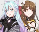  1girl androgynous armor asymmetrical_bangs bangs blue_eyes blue_hair blush braid breasts brown_hair cleavage closed_mouth cone_hair_bun fire_emblem fire_emblem_engage gloves goldmary_(fire_emblem) gradient_hair hair_bun hair_ornament hair_ribbon high_collar highres long_hair multicolored_hair open_mouth peach11_01 pink_hair ribbon rosado_(fire_emblem) side_braid smile teeth two-tone_hair upper_teeth_only white_gloves white_hair white_ribbon yellow_eyes 