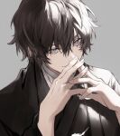  1boy bandaged_neck bandages bangs black_kimono brown_eyes brown_hair bungou_stray_dogs closed_mouth dazai_osamu_(bungou_stray_dogs) grey_background hair_between_eyes haori japanese_clothes kimono looking_at_viewer male_focus nozz177 own_hands_together short_hair smile solo 
