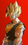  1boy absurdres arms_at_sides artist_name biceps blonde_hair closed_mouth collarbone dougi dragon_ball dragon_ball_z earrings frown gloves green_eyes grey_sash hair_between_eyes highres jewelry looking_at_viewer male_focus muscular muscular_male orange_shirt pectorals potara_earrings red_background relio_db318 sash serious shirt simple_background solo spiked_hair super_saiyan super_saiyan_1 twitter_username upper_body v-shaped_eyebrows vegetto veins white_gloves 
