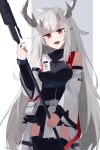  1girl arknights bangs black_thighhighs blush breasts feet_out_of_frame grey_hair highres hinami047 holding holding_polearm holding_weapon horns id_card long_hair looking_at_viewer matoimaru_(arknights) medium_breasts open_mouth pointy_ears polearm red_eyes simple_background smile solo standing thighhighs turtleneck very_long_hair weapon 