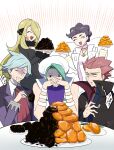  2girls 3boys bad_food black_eyes blonde_hair blue_hair chopsticks closed_eyes commentary_request cynthia_(pokemon) diantha_(pokemon) eating empty_eyes green_hair hair_over_one_eye hat highres jewelry lance_(pokemon) long_hair multiple_boys multiple_girls necklace open_mouth own_hands_together plate pokemon pokemon_(game) pokemon_dppt pokemon_gsc pokemon_rse pokemon_xy purple_eyes red_hair saliva short_hair sitting smile steven_stone sweat wallace_(pokemon) yao_(evep3835) 