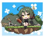  1girl :d ahoge bandaid bandaid_on_leg bangs black_shirt black_shorts black_socks blue_background blush boned_meat brown_hair commentary_request deviljho fang floating_island food gradient_hair green_hair green_jacket hair_between_eyes hair_ornament hairclip halftone halftone_background highres holding holding_food jacket meat milkpanda monster_hunter_(series) multicolored_hair no_shoes notice_lines personification shirt short_eyebrows short_shorts shorts sitting smile socks spiked_tail tail thick_eyebrows yellow_eyes 