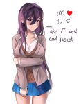  1girl arm_under_breasts blazer blue_skirt blush breasts collarbone commentary cowboy_shot doki_doki_literature_club english_commentary english_text hair_between_eyes hair_ornament hair_over_breasts hairclip highres jacket large_breasts long_hair looking_at_viewer machulanko meme miniskirt open_clothes open_jacket partially_unbuttoned pleated_skirt purple_eyes purple_hair school_uniform shirt simple_background skirt solo twitter_strip_game_(meme) white_background white_shirt yuri_(doki_doki_literature_club) 