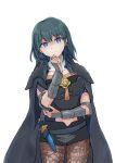  1girl ahoge arka arm_up armor bangs black_cape black_pantyhose black_shorts blue_eyes blush bracelet breasts byleth_(fire_emblem) cape closed_mouth collarbone fire_emblem fire_emblem:_three_houses hair_between_eyes jewelry large_breasts long_sleeves nintendo pantyhose short_hair short_shorts shorts simple_background skirt solo standing white_background 