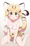  1girl absurdres armband back_bow bangs bare_shoulders barefoot blonde_hair bob_cut bow breasts chis_(js60216) commentary front-tie_top highres kemono_friends looking_at_viewer midriff miniskirt open_mouth print_skirt sand_cat_(kemono_friends) shadow shirt short_hair sitting skirt small_breasts solo strapless strapless_shirt striped_tail survival_friends tail torn_clothes torn_shirt translated wariza white_shirt yellow_bow yellow_eyes yellow_skirt 