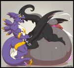 anthro ball_size_difference balls bandai_namco big_balls black_body black_scales bodily_fluids cum cum_ballooning cum_from_ass cum_in_ass cum_inflation cum_inside cum_through cum_while_penetrated deonwolf digimon dragon dragoneer_(character) duo erection genital_fluids genitals grey_balls hand_on_head horn huge_balls inflation looking_pleasured male male/male misleading_thumbnail nipples non-mammal_balls non-mammal_nipples open_mouth penetration penis pink_penis purple_body purple_nipples purple_scales purple_tongue scales sex tail teeth tongue tongue_out white_balls white_horn 